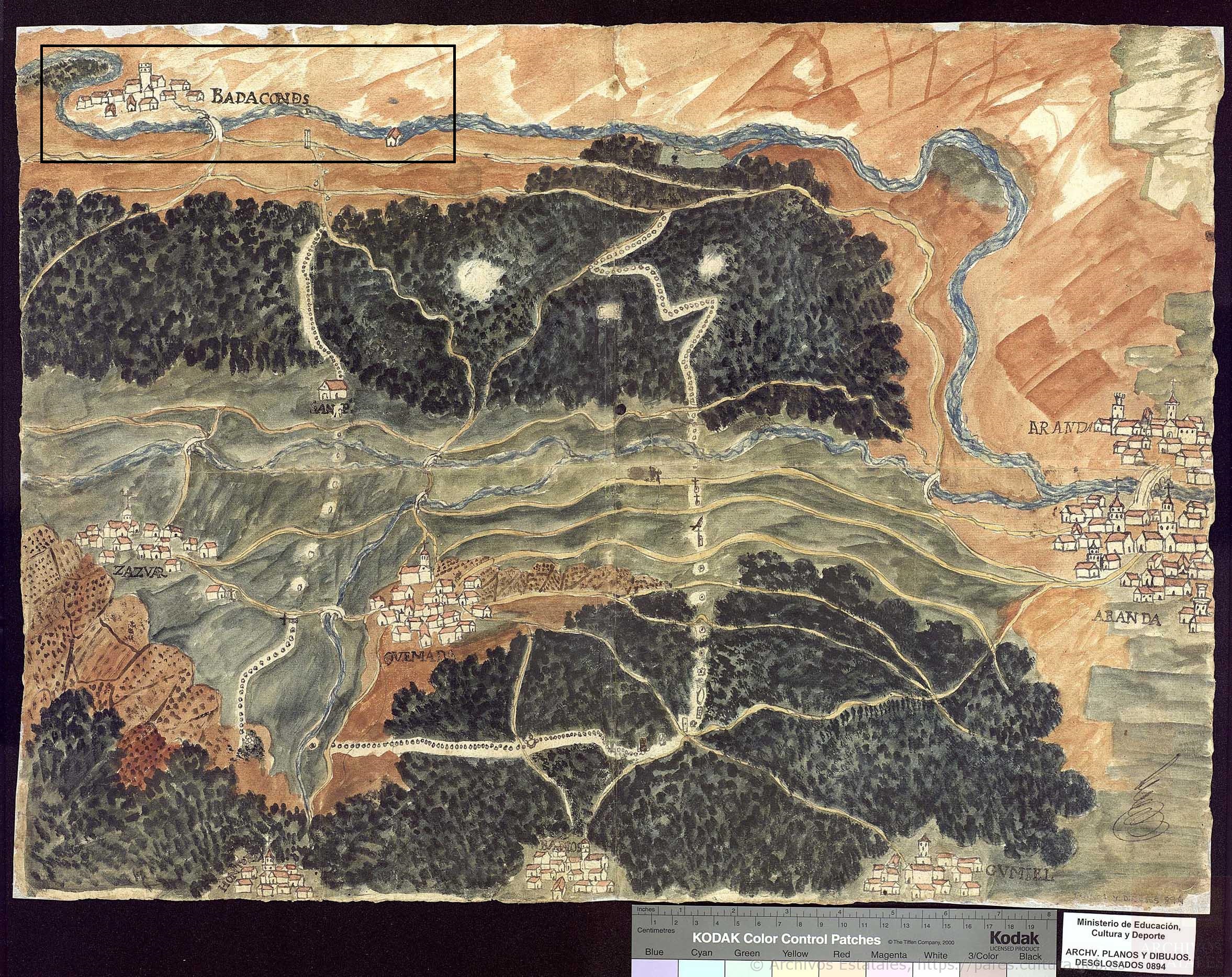 Plano topográfico de la demarcación del término de la villa de Quemada, lindante con Aranda de Duero, Zazuar, Gumiel de Izán, Baños de Valdearados y Vadocondes (Burgos). Puede apreciarse Vadacondes. ARCHV, PARES.