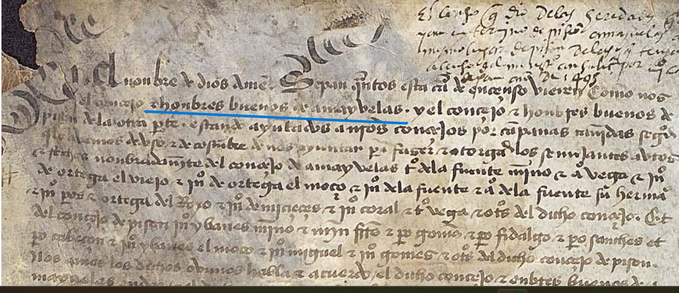 "...hombres buenos de Amayuelas....", Carta de censo otorgada por el Concejo de Amayuelas de Ojeda al Concejo de Pisón de Ojeda de ciertas heredades en precio de cuatro cargas anuales de pan, mitad trigo y mitad cebada, 1495, ARCHV, PARES.
