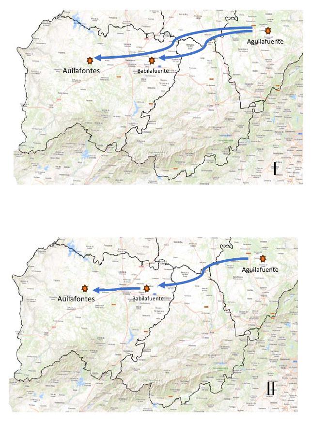Hipótesis de poblamiento secuencial para Babilafuente y Auilofontes desde Aguilafuente SG. Es preferible la segunda opción. 