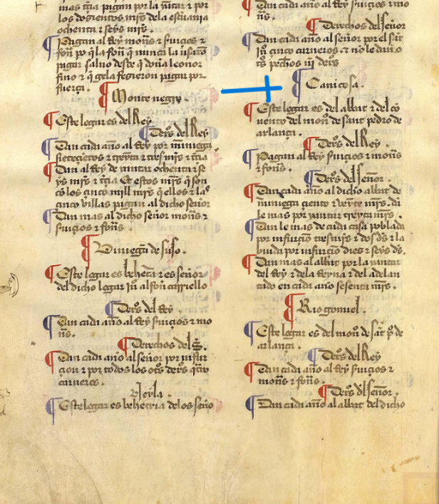 "Canicosa. Este logar es del abad e del conuento del monesterio de Sant Pedro de Arlança", Merindad XV, Merindad de Santo Domingo, ca. 1351,: Copia de 1475-1499, ARCHV, PARES.