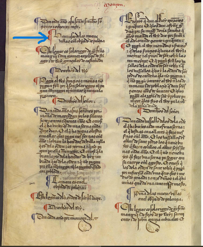 "Hamusco de las Nueue Uillas. Es del obispado de Palençia.  Este logar es solariego...", Merindad III, Merindad de Mozón. ca. 1351, Becerro de las Behetrías. Copia de 1475-1499, ARCHV, PARES.