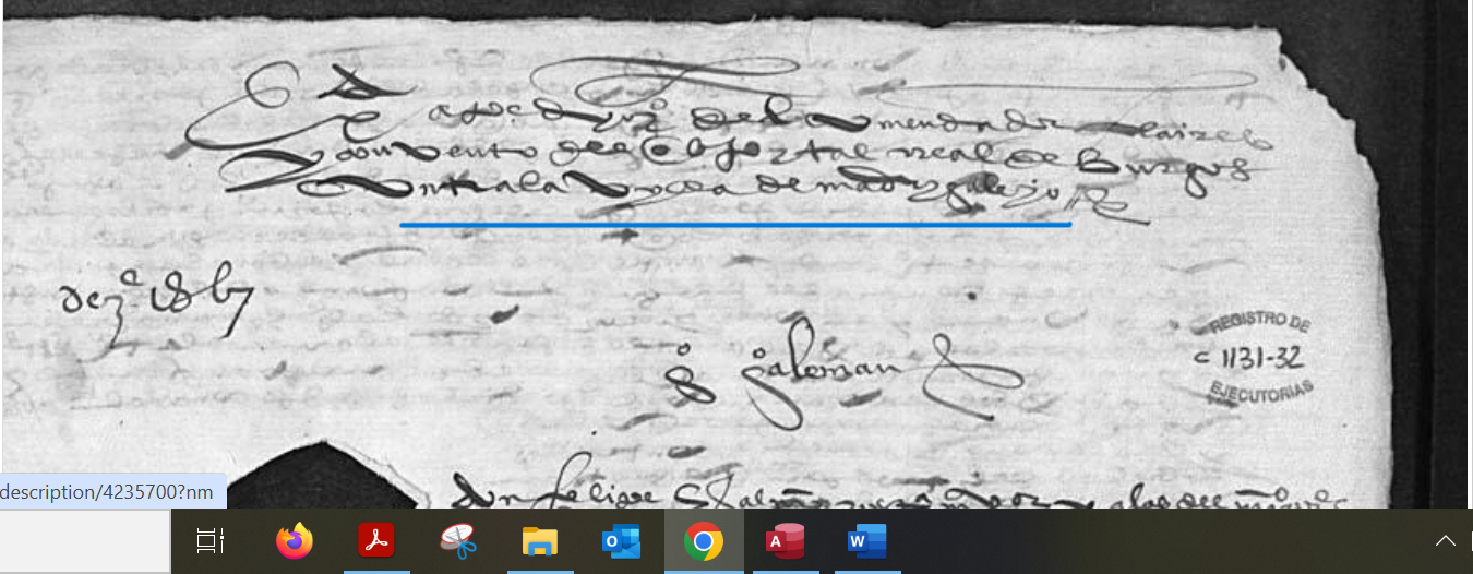 "...Ex(ecutori)a a pedimiento del comendador...real de Burgos contra la villa de Madrigalejo..."·, Ejecutoria del pleito litigado por el concejo de Madrigalejo del Monte (Burgos), con el hospital Real de Burgos, 1567, ARCHV, PARES.