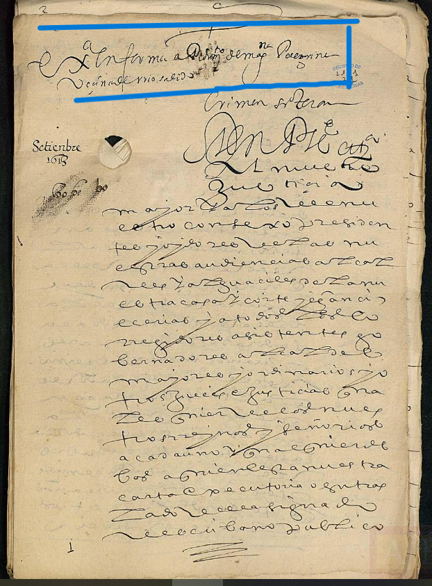 "Ex(ecutori)a en forma a pedim(ien)to de Mag(dale)na Peregrina vecina de Rriosalido", Ejecutoria del pleito litigado por Magdalena Pelegrín, vecina de Riosalido (Guadalajara), 1613, ARCHV, PARES.