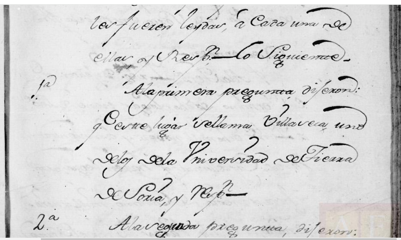 ..a la primera pregunta dijeron que este lugar se llama Villaseca uno de los de la Universidad del Tierra de Soria (sic) y resp(onde)n...", 1751, CME, PARES.