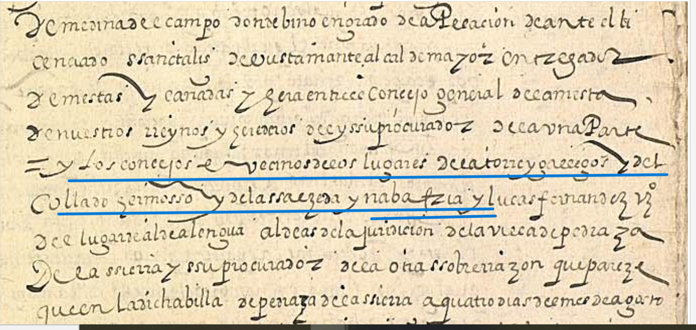 "....y los concejos e vecinbos de los lugares de La Torre y Gallegos y del Collado Hermoso y de la Ssalzeda (sic) y Nabafria...", Ejecutoria del pleito litigado por los concejos de La Torre (Segovia), Gallegos (Segovia), Collado Hermoso (Segovia), La Salceda (Segovia), Navafría (Segovia), 1604, ARCHV, PARES.