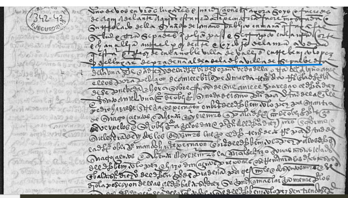 "....v(ecin)o del lugar de Pradena aldea de la d(ic)ha villa de Sepulveda...", Ejecutoria del pleito litigado por Benito López, vecino de Prádena (Segovia), con Alonso Díez, vecino de Sepúlveda, 1520, ARCHV, PARES.