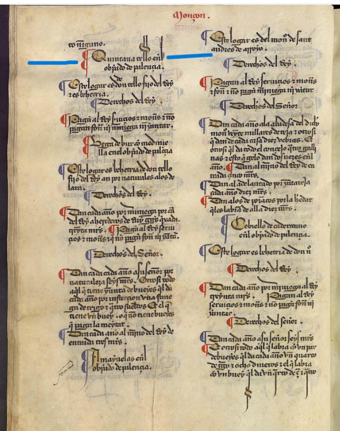 "Quintana Tello. En el obispado de Palençia. Este logar es de don Tello fiio del Rey e es behetria...", Merindad III. Merindad de Monzón, ca. 1351, Becerro de las Behetrías de Castilla. Copia de 1475-1499, ARCHV, PARES.