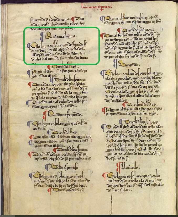 Quintana Luengos. Este logar es solariego de fiios de Fernando Diaz Duque e de Mari Alfonso, dueña del m(onesteri)o de Sant Andres de Arroyo...", Merindad VIII. Merindad de Liébana. Pernía, ca. 1351,  Becerro de las Behetrías. Copia de 1475-1499, ARCHV, PARES