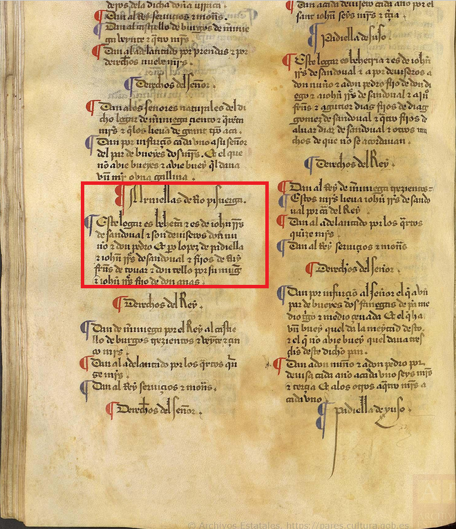 Arniellas de Rio Pisuerga", Merindad XI. Merindad de Castrojeriz, ca. 1351, Becerro de las Behetrías. Copia de 1475-1499. ARCHV, PARES.