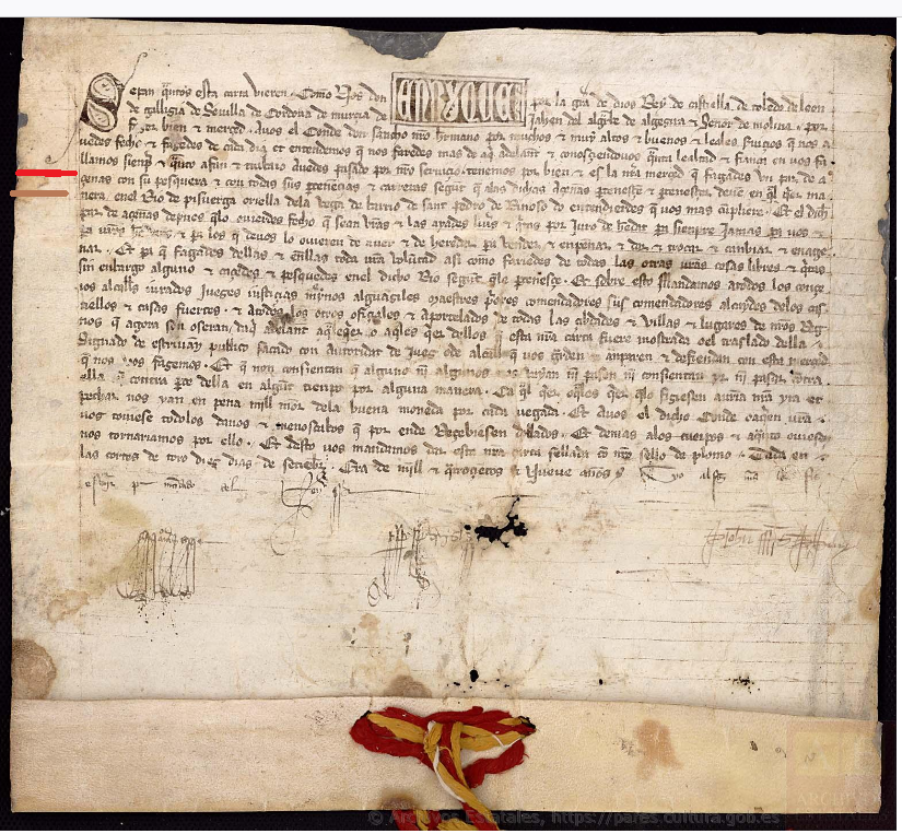 "...en el rio de Pisuerga oriella de ...", Carta plomada de Enrique II por la concede al conde Sancho, su hermano, hacer dos aceñas con sus pesqueras en el río Pisuerga, 1371, ARCHV, PARES.