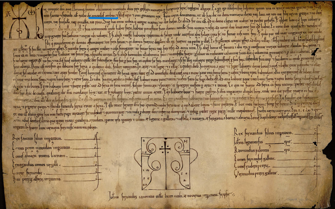 "....de Amaiolas ambas...", 1152, Carta de fuero por la que Alfonso VII, juntamente con su mujer Berenguela y con sus hijos Sancho y Fernando, concede fuero a los pobladores de Amayuelas de Arriba y Amayuelas de Abajo, ambas villas en Palencia, estableciendo además el modo en el que se han de realizar las sernas, ARCHV, PARES