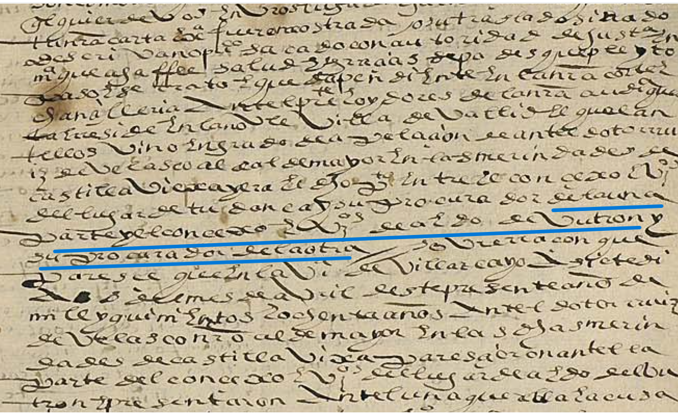 "...de la una parte y el concexo e v(e)z(in)os de Aedo de Vutron y su procurador de la otra...", Ejecutoria del pleito litigado por el concejo de Tudanca (Burgos) con el concejo de Ahedo del Butrón, 1580, ARCHV, PARES.