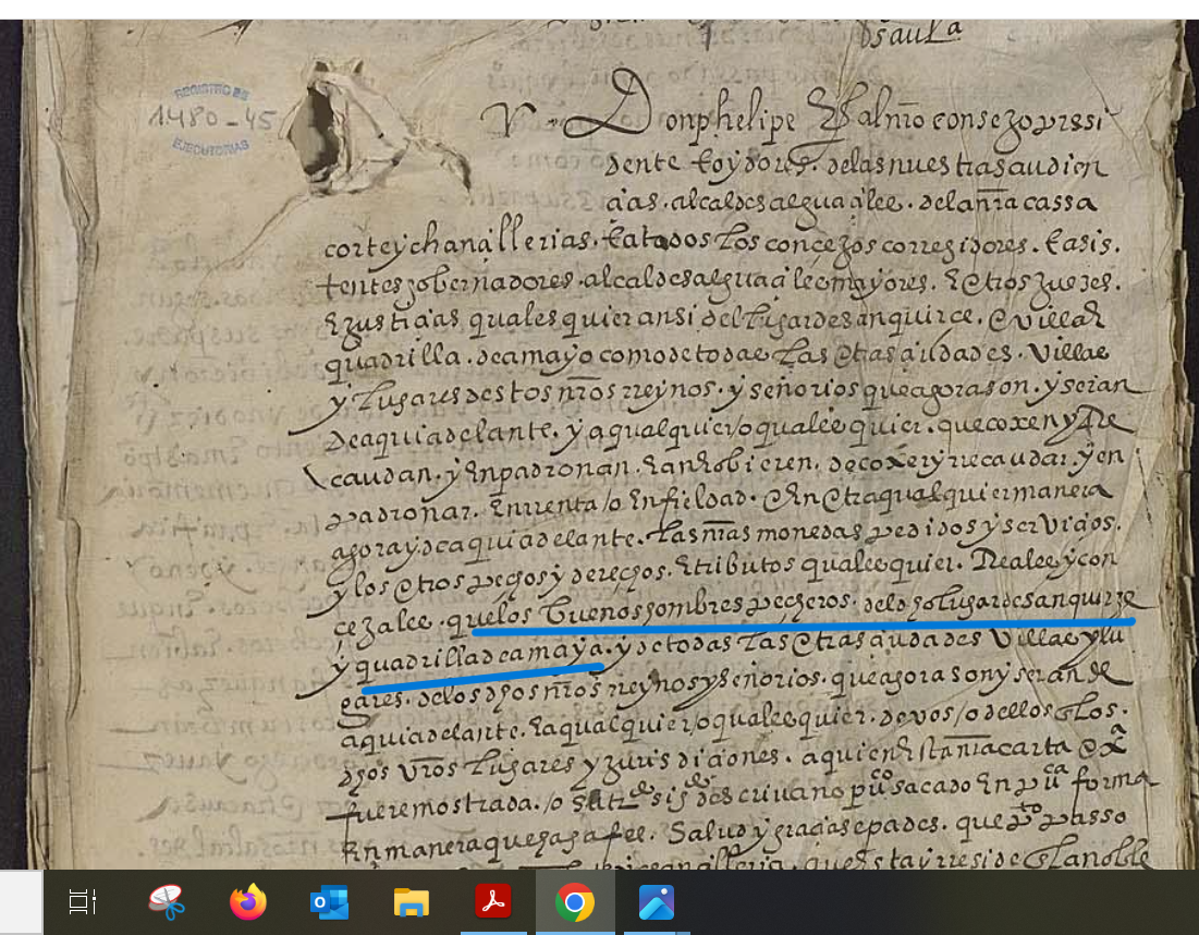 "...que los hombres buenos pecheros del d(ic)ho lugar de San Quirze y quadrilla de Amaya..", Ejecutoria del pleito litigado por Juan Sanz y su hijo Francisco Sanz, vecinos de San Quirce del Río Pisuerga, 1583, ARCHV, PARES.