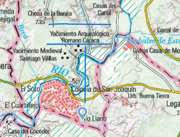 La distancia entre el lugar de excavación entendido como la ciudad romana de Caraca y la actual Algarga es de apenas dos km., un lugar enfrente del otro, a ambos lados del Tajo. Mapa procedente de IBERPIX (IGN)