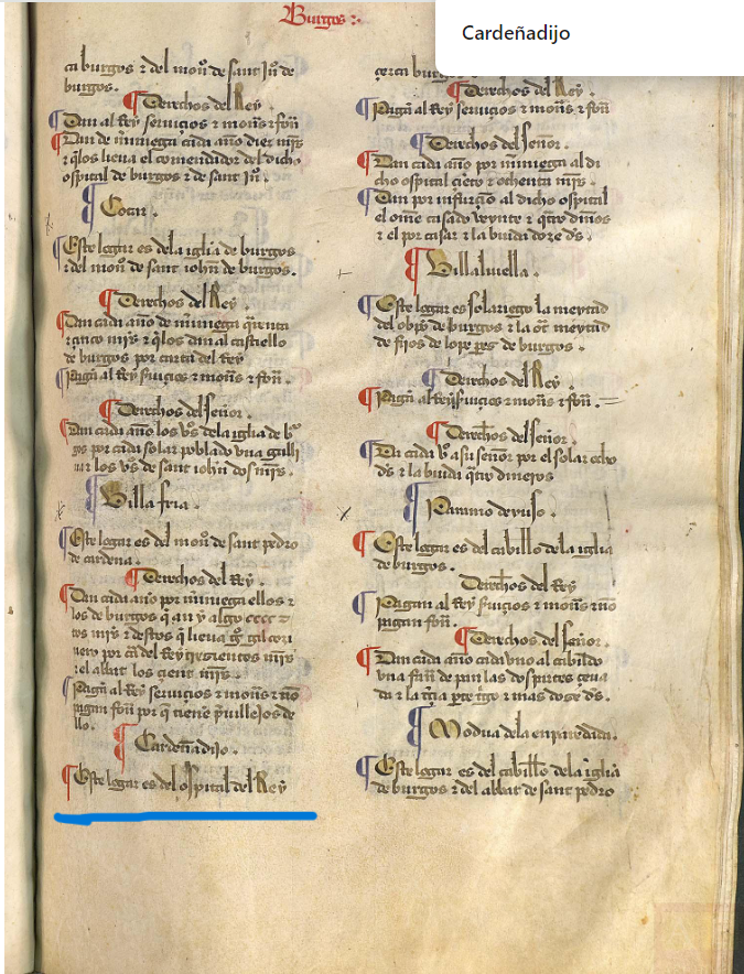 Cardeñadijo. Este logar es del ospital del Rey. Becerro de las Behetrías. Copia comprendida entre 1475  -  1499. ARCHV, PARES.