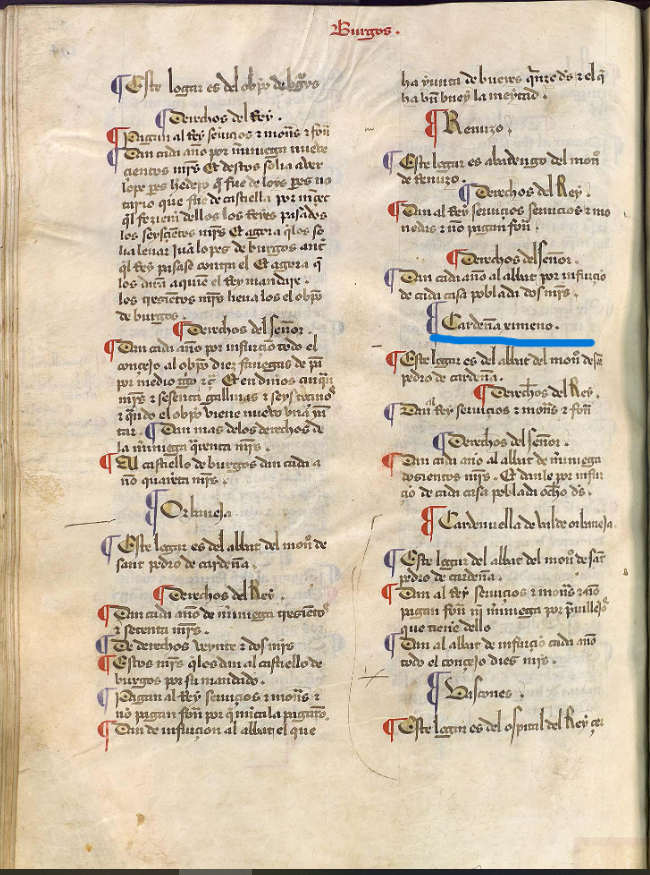 Cardeña Ximeno. Este logar es del abbat del monº, de sn. pedro de cardeña.  Becerro de las Behetrías. Copia comprendida entre 1475  -  1499. ARCHV, PARES.