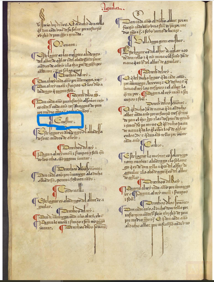 Enestar. Este logar es abadengo del abadesa de Sant Andres de Arroyo. Libro Becerro de las Behetrías. Copia de 1475-1499. ARCHV, PARES.