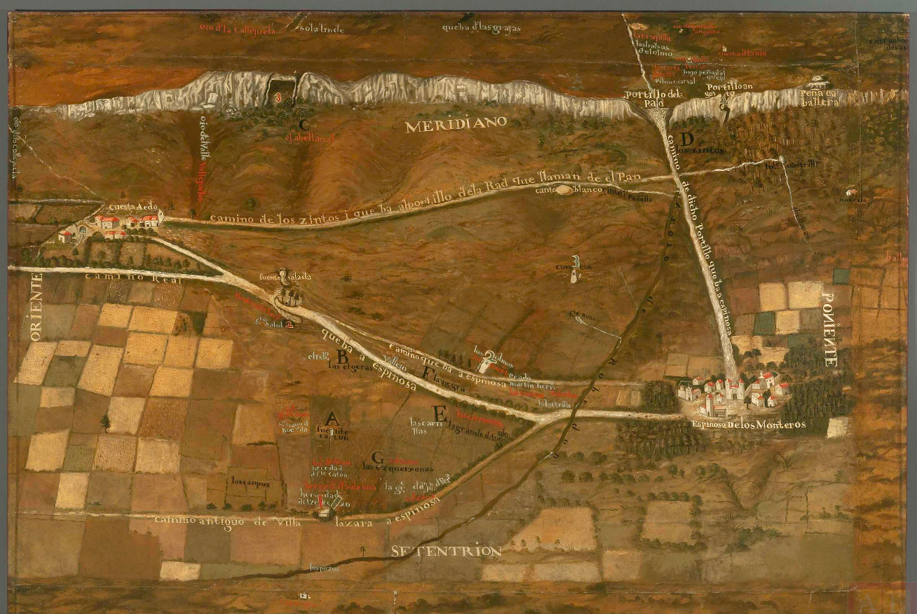Espinosa de los Monteros", Carta topográfica de un sector litigioso entre Espinosa de los Monteros y Cuestaedo atravesado por una red de caminos (Burgos), 1756-1757,  ARCHV, PARES.