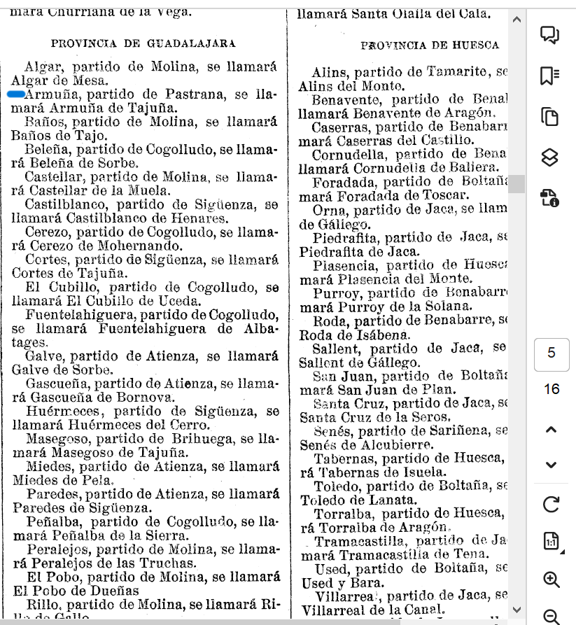 "Armuña, partido de Pastrana, se llamará Armuña de Tajuña", Gaceta de Madrid, Real Decreto a propuesta de la Real Sociedad Geográfica que modifica el nombre oficial de 573 ayuntamientos, 2 de julio 1916.