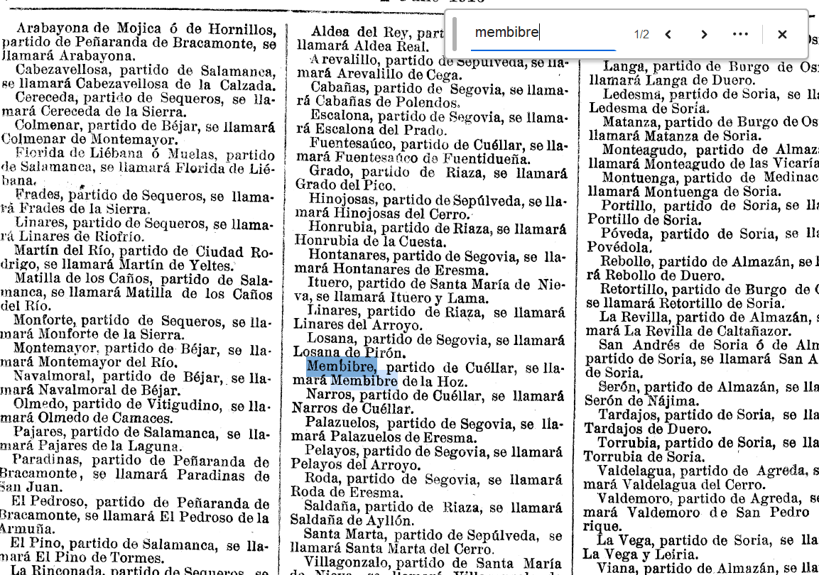 "Membibre, partido de Cuéllar, se llamará Membibre de la Hoz", Gaceta de Madrid, 2 julio 1916.