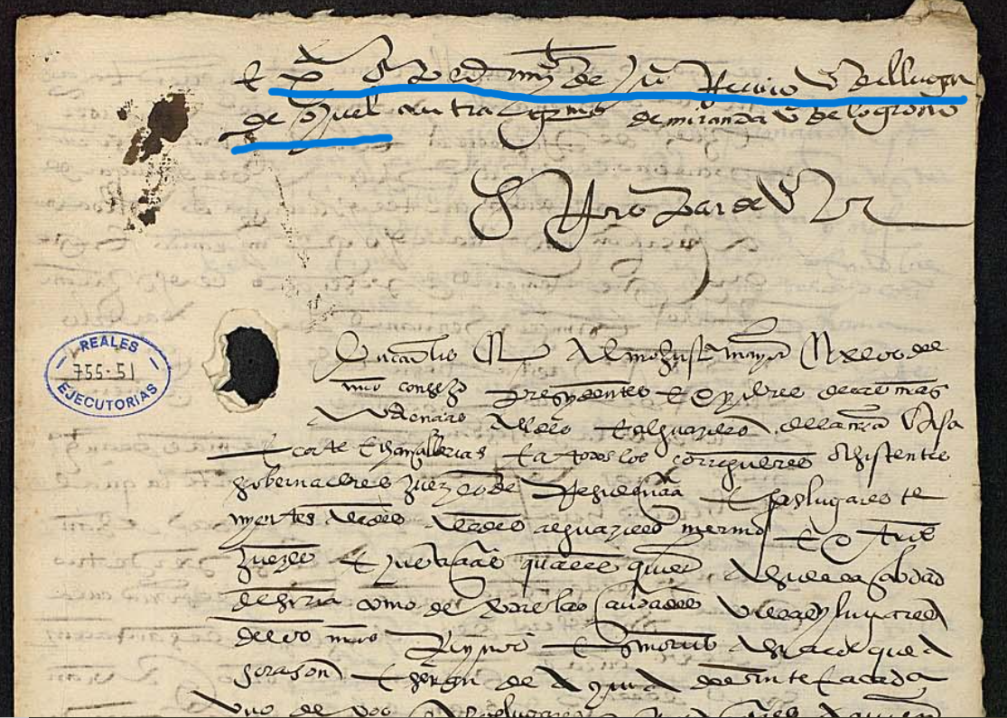 "Ex(ecutoria) a pedimi(ento) de Ju(an) Ruvio v(ecin)o del lugar de Ojuel....", Ejecutoria del pleito litigado por Juan Rubio, vecino de Ojuel (Soria), 1552, ARCHV, PARES.