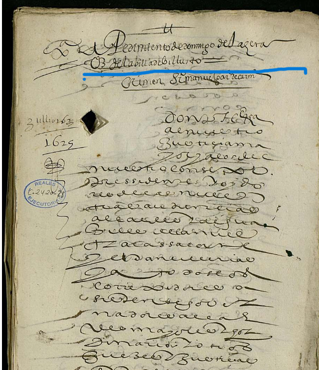 "A pedimiento de Domingo de la Hera v(e)z(in)o de la billa de Billusto...", Ejecutoria del pleito litigado por Domingo de la Hera, vecino de Villusto (Burgos), con Bartolomé Miguel, vecino de dicha villa, 1625, ARCHV, PARES.