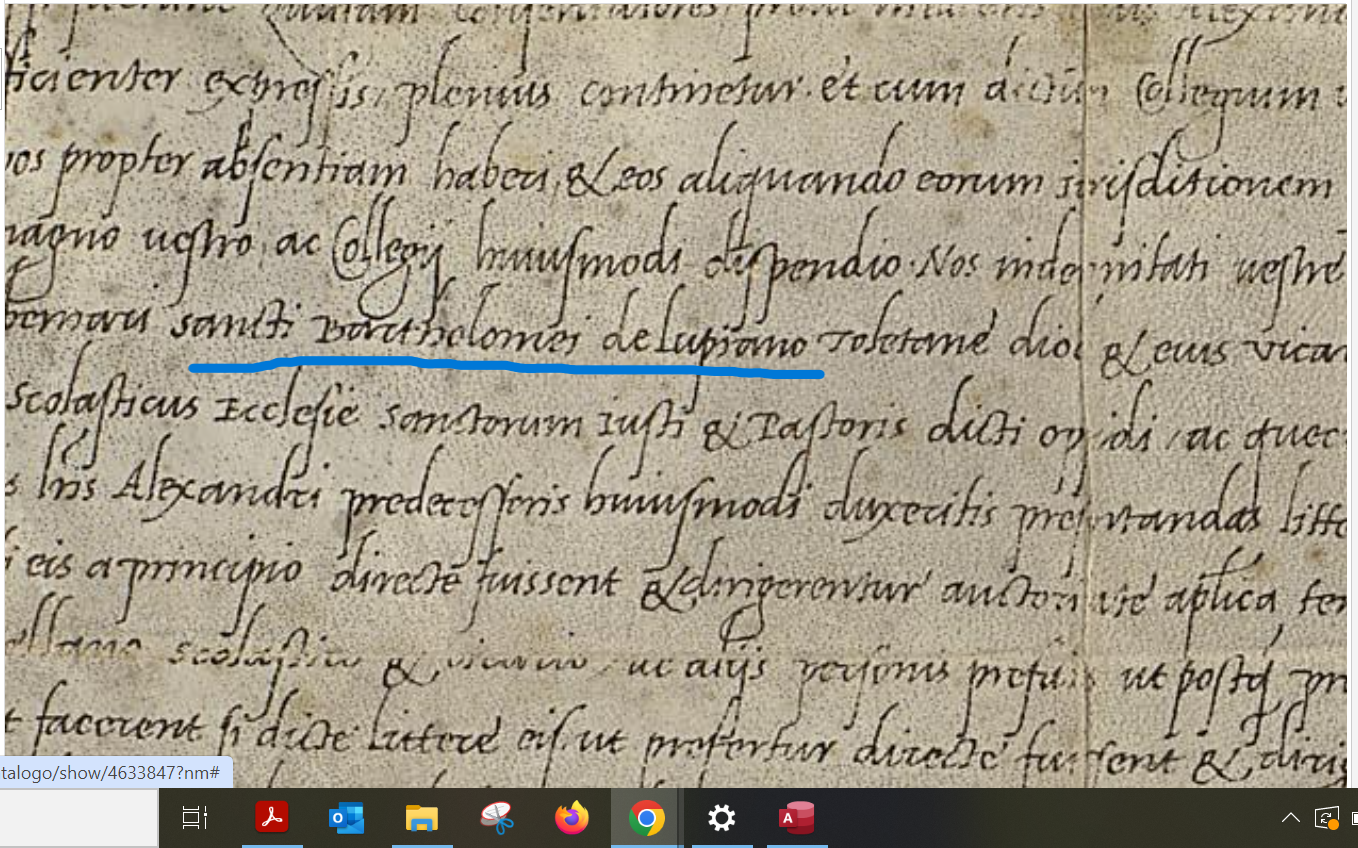 "..sancti Bartholomei de Lupiano...", Breve de Julio II por el que confirma la bula de Alejandro VI designando jueces conservadores y autoriza a que el arzobispo de Toledo, el prior del Monasterio de San Bartolomé de Lupiana...., 1509, AHN, PARES.