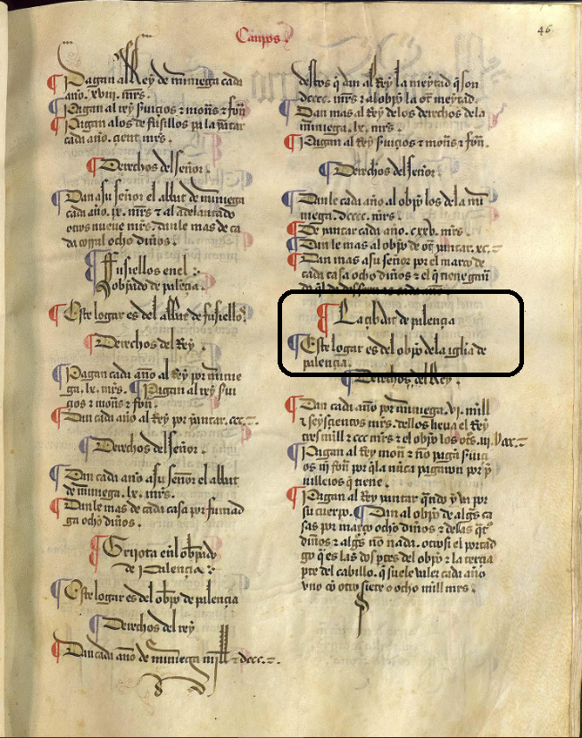 "La çibdat de Palençia. Este logar es del ob(is)po de la ig(les)ia de Palençia...", Merindad IV, Merindad de Campos, ca. 1351, LBecerro BehetríasLeón. Copia de 1475-1499.