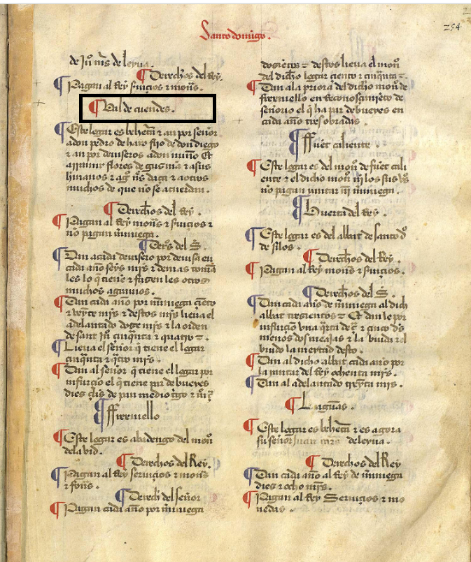 "Valde Cuendes. Este logar es behetria e an por sennor...", ca. 1351, Merindad XI, Merindad de Santo Domingo. ARCHV, PARES. Copia de 1475-1499.