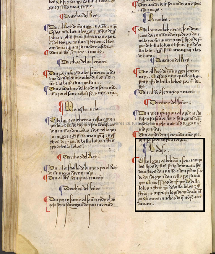 "Lodoso. Este logar es behetria e son naturales fiios de...", Merindad XI, Merindad de Castrojeriz, ca. 1251. Copia de 1475-1499, ARCHV, PARES.