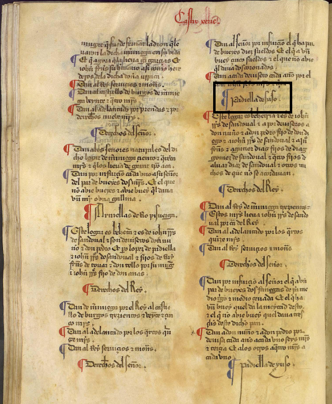 "Padiella de Suso. Este logar es behetria e es de Iohan R(odri)gez de Sandoval...", Merindad XI, Merindad de Castrojeriz, ca. 1351. Copia de 1475-1499. ARCHV, PARES.