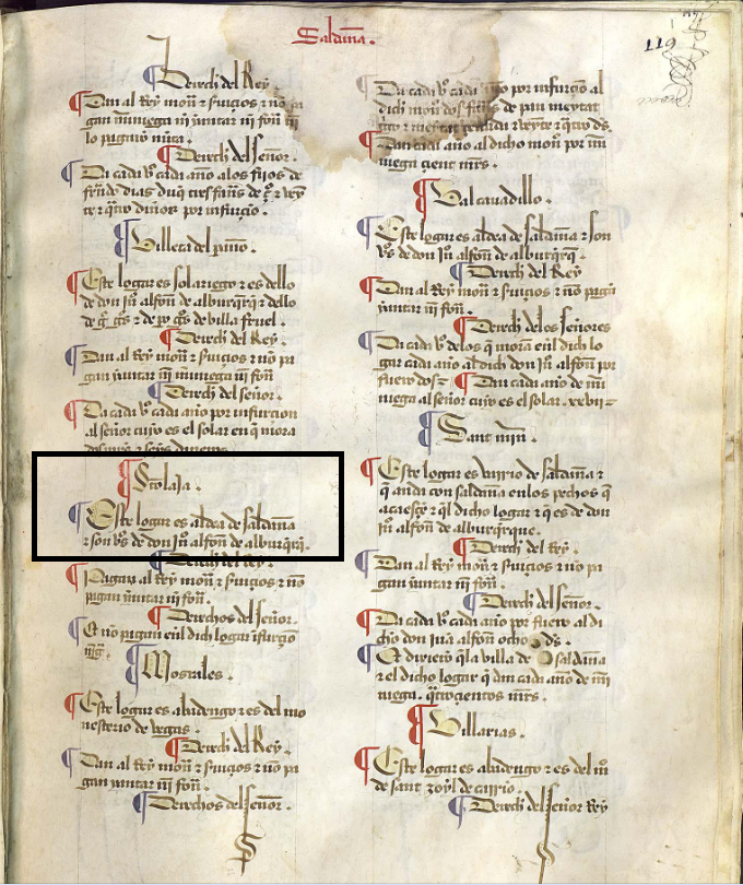 "S(an)tolaya. Este logar es aldea de Saldaña e son v(asall)os de don Io(ha)n Alfon(so) de Alburq(ue)(rque)...", Merindad IX, Merindad de Saldaña, ca. 1351, LBecerroBehetrías León., Copia de 1475-1499, ARCHV, PARES.PARES. 