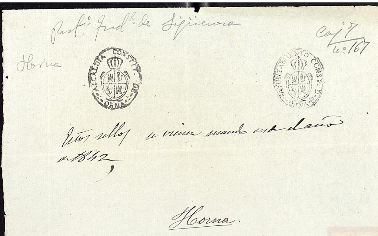 "Orna...estos sellos se vienen usando desde el año de 1842. Horna", Sellos del Ayuntamiento y Alcaldía de Horna, 1876, AHN, PARES