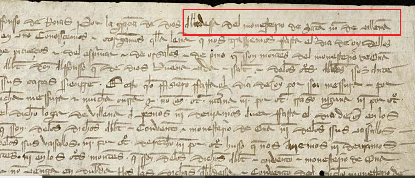 "...abbadessa del monesterio de S(an)cta M(ari)a de Villeña...", Carta por la que el Monasterio de Santa María la Real de Vileña (Burgos), deja constancia de que el aprovechamiento que hace de la leña de los montes de Penchuelas es cesión de Oña...", 1338, ARCHV, PARES.