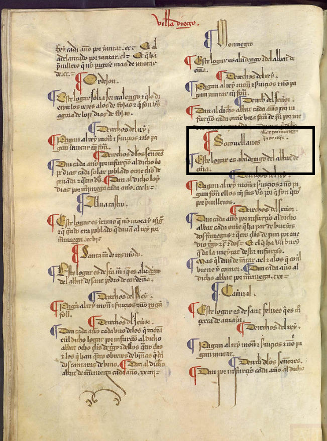 "Soto Vellanos. Este logar es abadengo del abad de Onna...", Merindad de Villadiego, ca. 1351, LBecerroBehetrías (Sotovellanos en esta copia de 1475-1499, ARCHV, PARES)