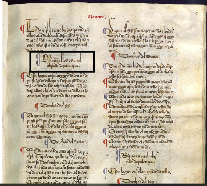 "Manqellos. Es en el el ob(is)pado de Palençia..:", Merindad III. Merindad de Monzón, ca. 1351, LBecerroBehetrías, copia de 1475-1499, ARCHV, PARES