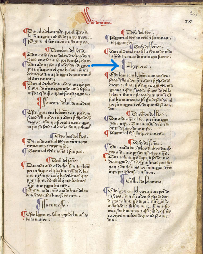 "Açeptores. Este logar era behetria e an por deuiseros...", ca. 1351,  XV. Merindad de Santo Domingo, Becerro de las Behetrías. Copia de 1475-1499. ARCHV, PARES.