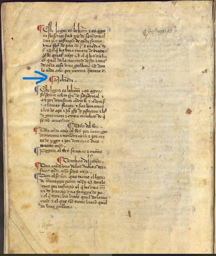 "Nebreda. Este logar es behetria e es agora su sennor...", ca. 1351,  XV. Merindad de Santo Domingo. Becerro de las Behetrías. Copia de 1475-1499. ARCHV, PARES.