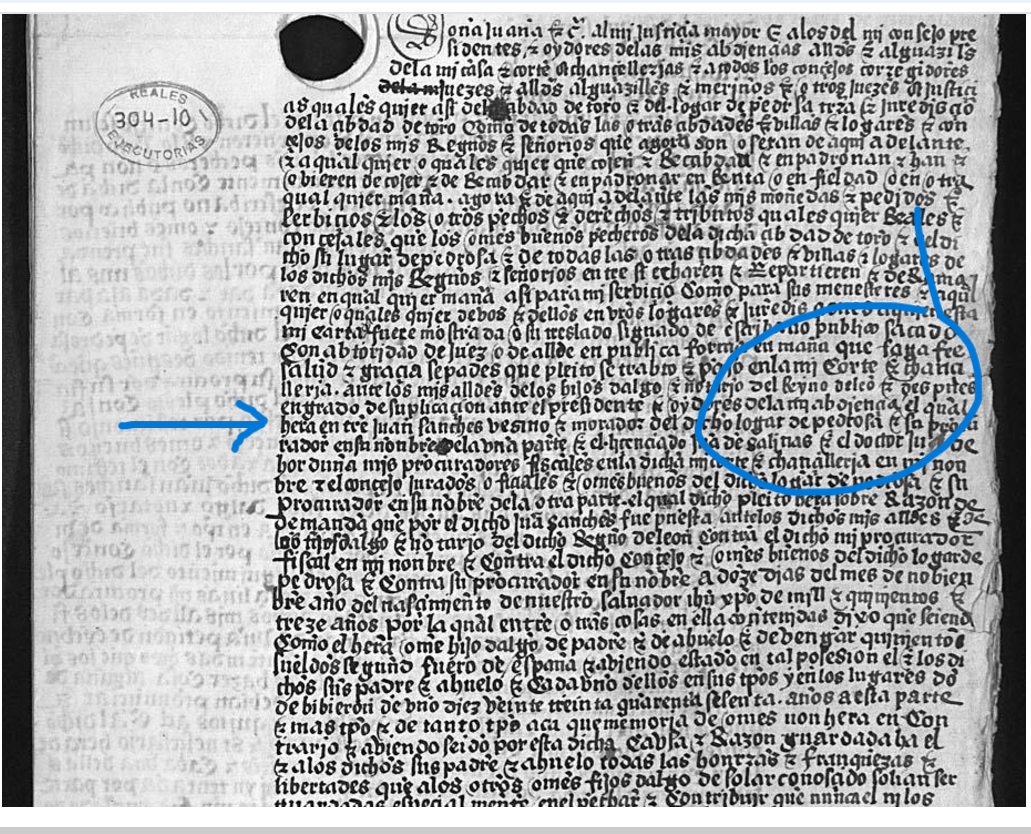 "...entre Juan Sanches vesino e morador del dicho logar de Pedrosa...", Ejecutoria del pleito litigado por Juan Sánchez de Pedrosa, vecino de Pedrosa del Rey (Valladolid), 1515, ARCHV, PARES.