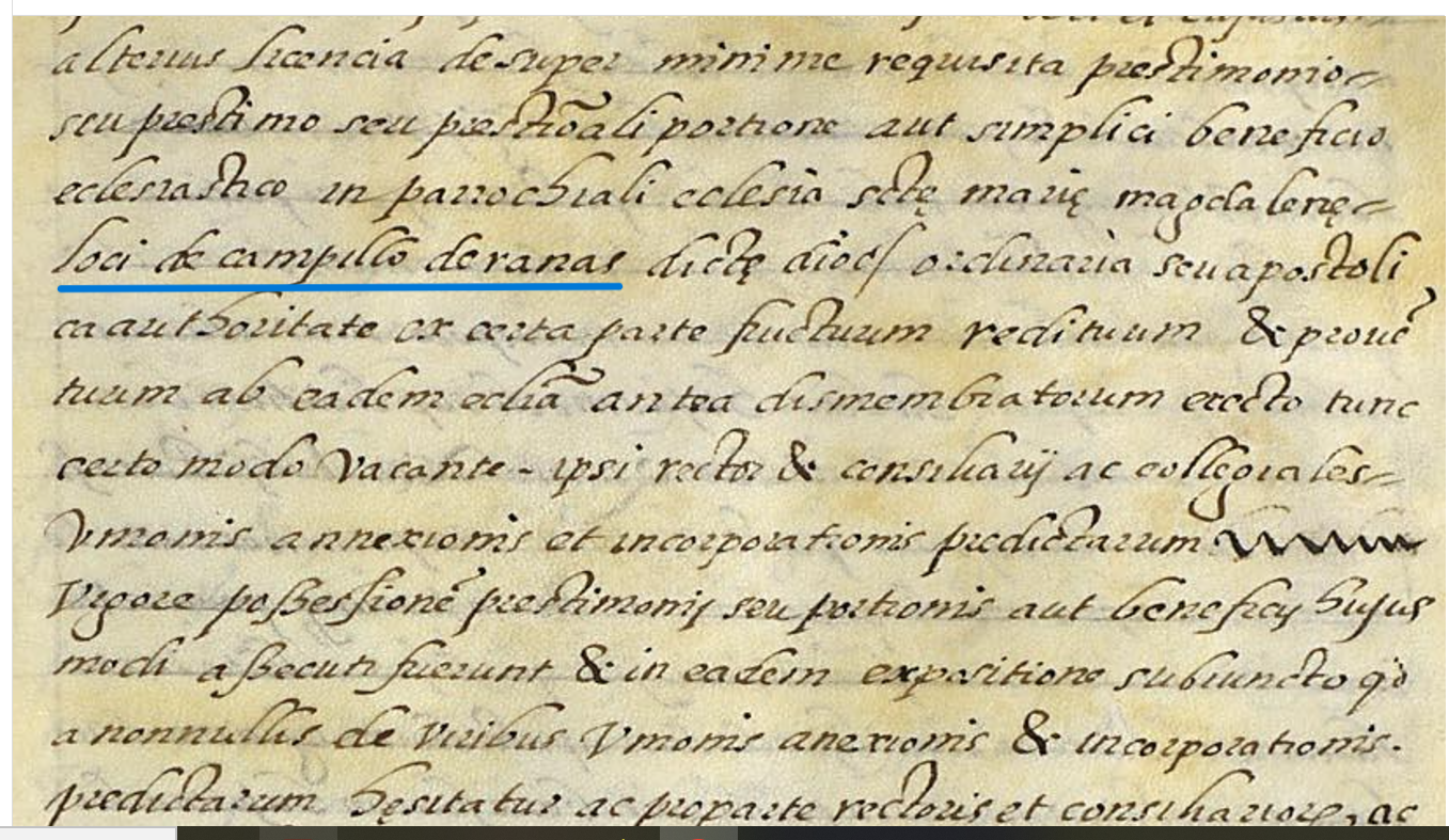 ...eclesia s(an)cte Marie Magdalene loci de Campillo de Ranas..." Copia de las cartas de los arzobispos de Toledo, Juan Martínez de Contreras y Francisco Jiménez de Cisneros de anexión de los beneficios de Colmenar de Sepúlveda, Fresno de Málaga y Alcolea de Torote, y bulas de Clemente VII de ratificación de las anexiones de Campillo de Ranas (Guadalajara) y El Romeral (Toledo) al Colegio Mayor de San Ildefonso de Alcalá de Henares, 1523, AHN, PARES.