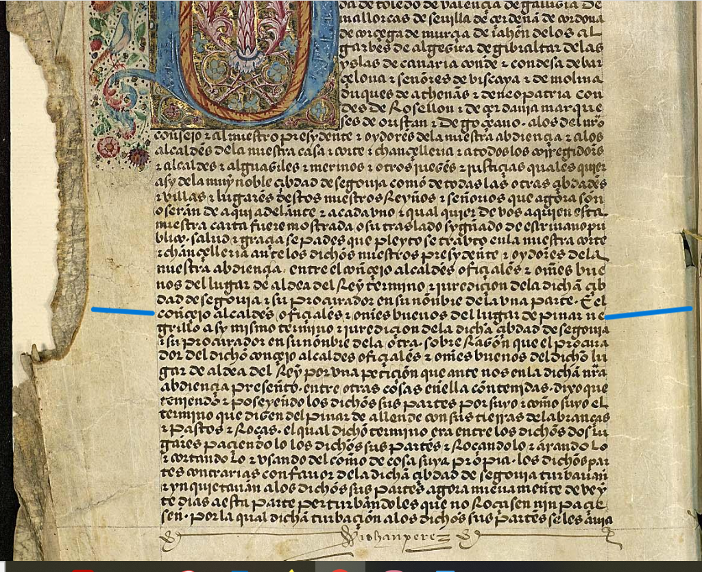 ...el concejo, alcaldes, oficiales e omnes buenos del lugar de Pinar Negrillo...", Ejecutoria del pleito litigado por el Concejo de Aldea Real (Segovia), con el Concejo de Pinarnegrillo (Segovia), sobre el aprovechamiento del término del pinar de Allende, 1494, ARCHV, PARES.