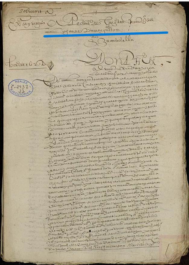 "A pedim(ient)o de Greg(ori)o de Aceves v(e)z(in)o del lugar de Pinarnegrillo...", Ejecutoria del pleito litigado por Gregorio de Aceves, vecino de Pinarnegrillo (Segovia), con el concejo de dicho lugar, sobre hidalguía, 1626,  ARCHV, PARES.