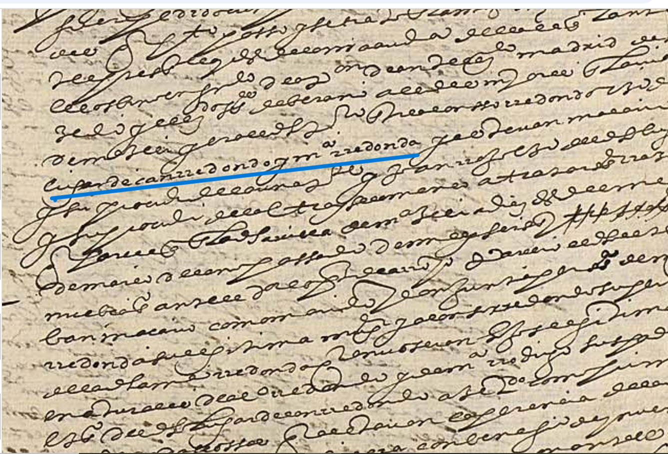 "...lugar de Canrredondo y M(ari)a Rredondo...", Ejecutoria del pleito litigado por Alonso Redondo y consortes, vecinos del lugar de Canredondo (Guadalajara), con Juan Rojo, vecino del dicho lugar, 1614, ARCHV, PARES.