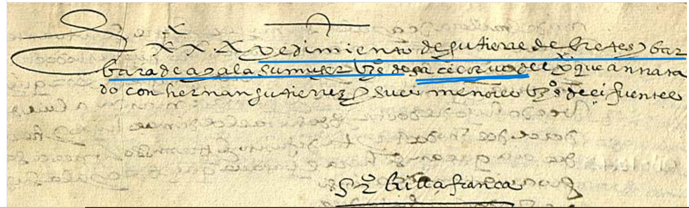 "A pedimiento de Gutierre de Bretes y Barbara de Ayala su muger v(e)z(in)os de Sacecorvo...",   Ejecutoria del pleito litigado por Gutierre de Bretes y Bárbara de Ayala, su mujer, vecinos de Sacecorbo (Guadalajara), 1586, ARCHV, PARES.