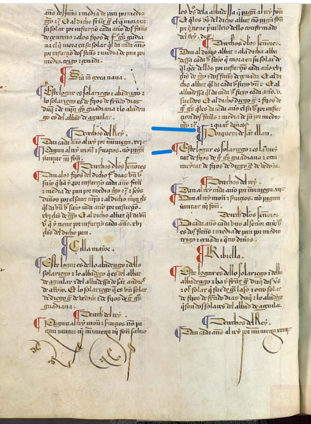 "Porquera de Sant Yllan: Este logar es solariego, e es la meytad...", ca. 1351, Merindad VII, Merindad de Aguilar de Campoo,  Becerro de las Behetrías, ARCHV, PARES. COpia de 1475-1499.