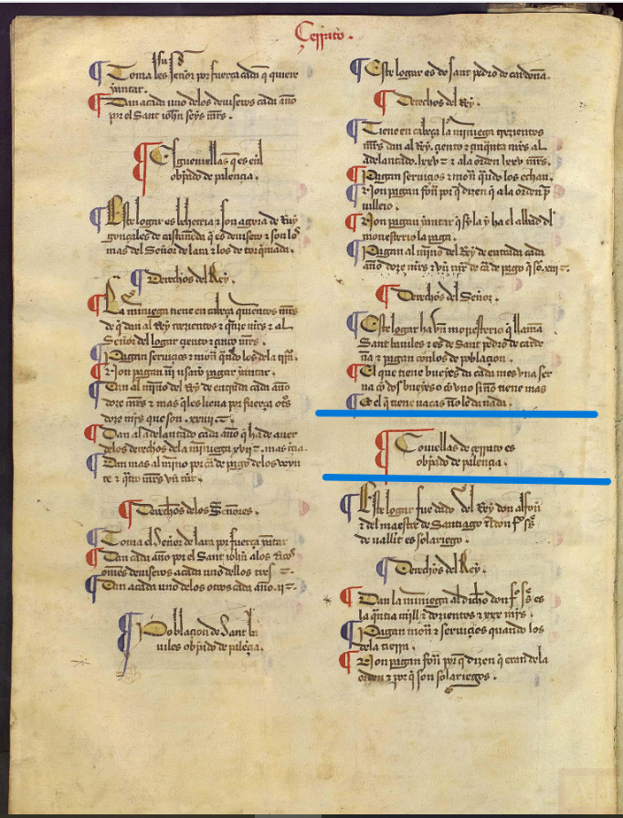 "Couiellas de Çerrato es ob(is)pado de Palençia..:", ca. 1351, Merindad I, Merindad de Cerrato, Becerro de las Behetrías, Copia de 1475-1499, ARCHV, PARES