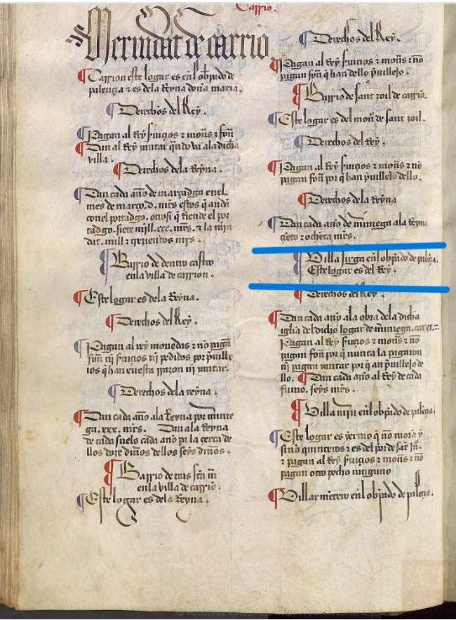 "Villa Sirga. En el ob(is)pado de Palençia..", ca. 1351. Merindad V, Merindad de Carrión. Becerro de las Behetrías. Copia de 1475-1499, ARCHV, PARES.