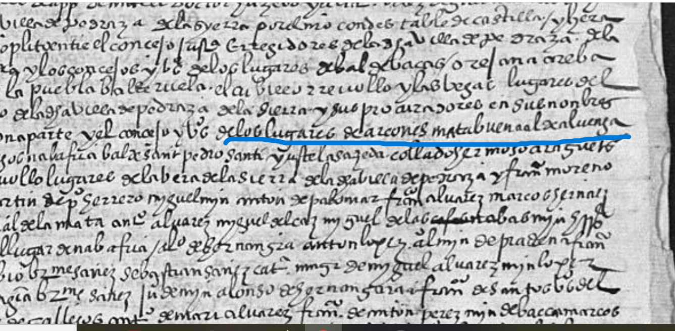 "...de los lugares de Arcones, Matabuena, Aldealuenga....", Ejecutoria del pleito litigado por el concejo de Pedraza (Segovia) con los concejos y vecinos de Arcones (Segovia), Matabuena (Segovia), Gallegos (Segovia) y demás lugares...1573, ARCHV, PARES.