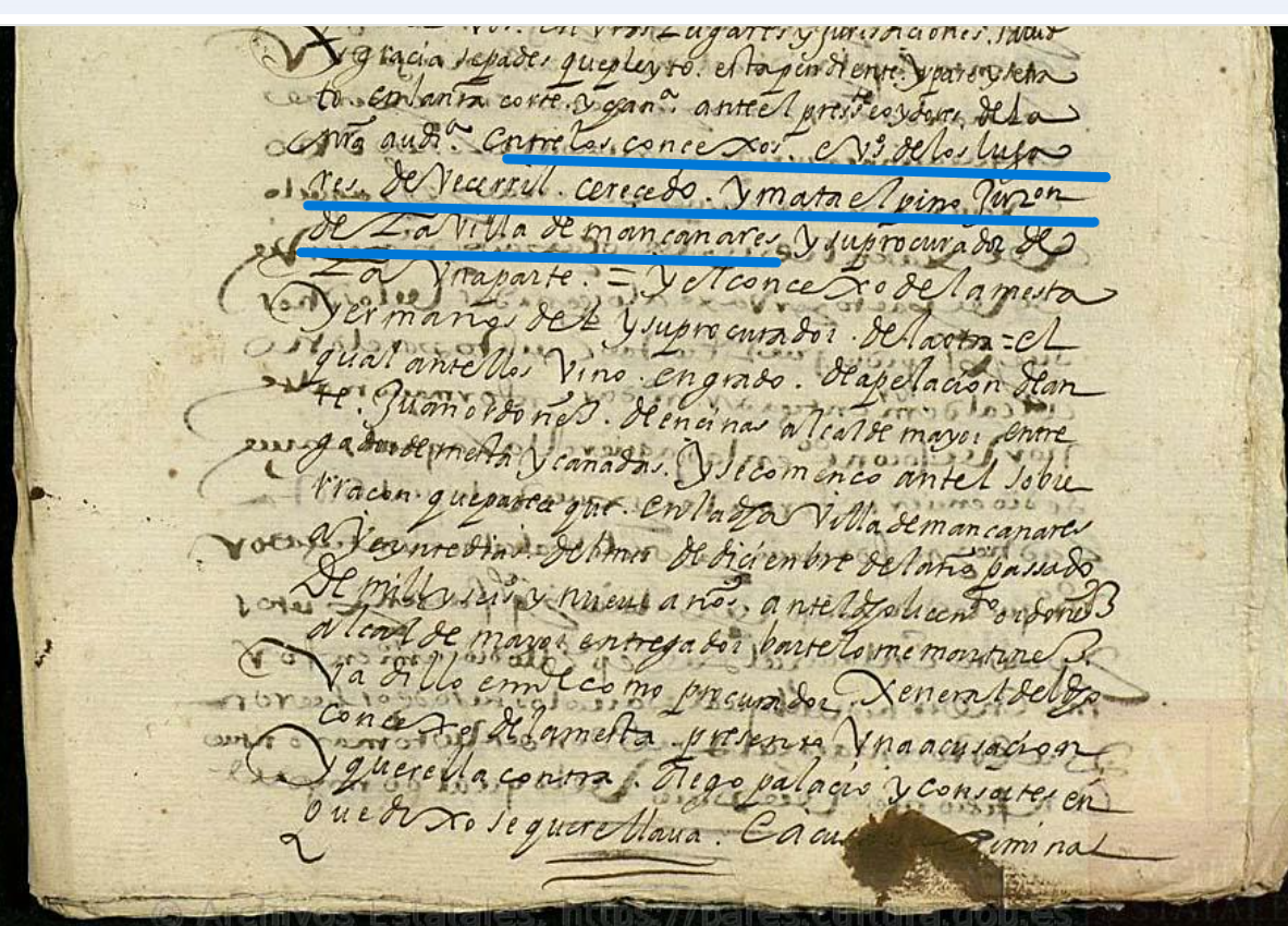 "...contra los concexos e v(ecin)os de los lugares de Vecerril, Cereçedo (sic) y Mataelpino, jur(isdici)on de la villa de Mançanares...", Ejecutoria del pleito litigado por los concejos de Becerril de la Sierra (Madrid), Cerceda (Madrid) y Mataelpino (Madrid), con el concejo de la Mesta, 1618, ARCHV, PARES.