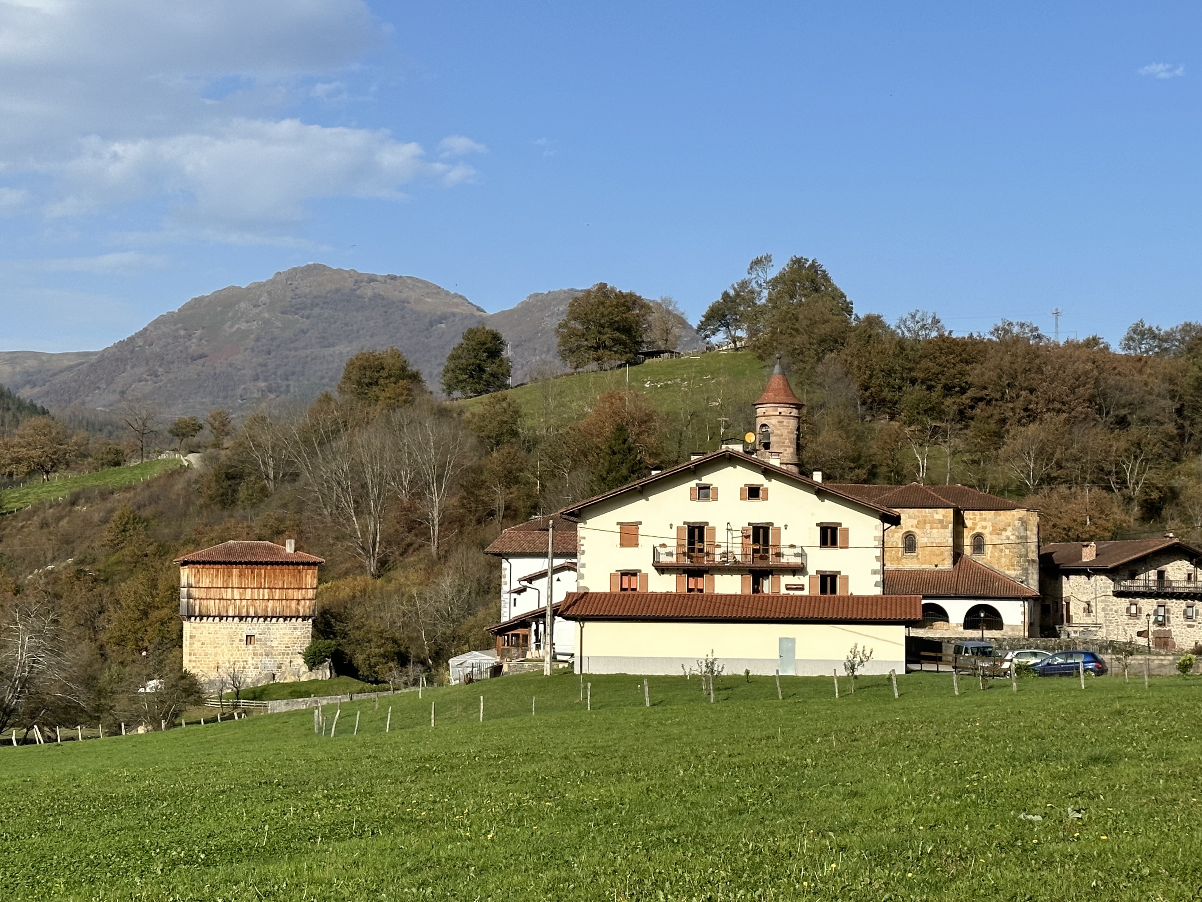 Donamariako Uxarrea auzoa. Ezkerrean Jauregia dugu eta gibelean Mendaur mendia. Patxi Salaberriren argazkia. 